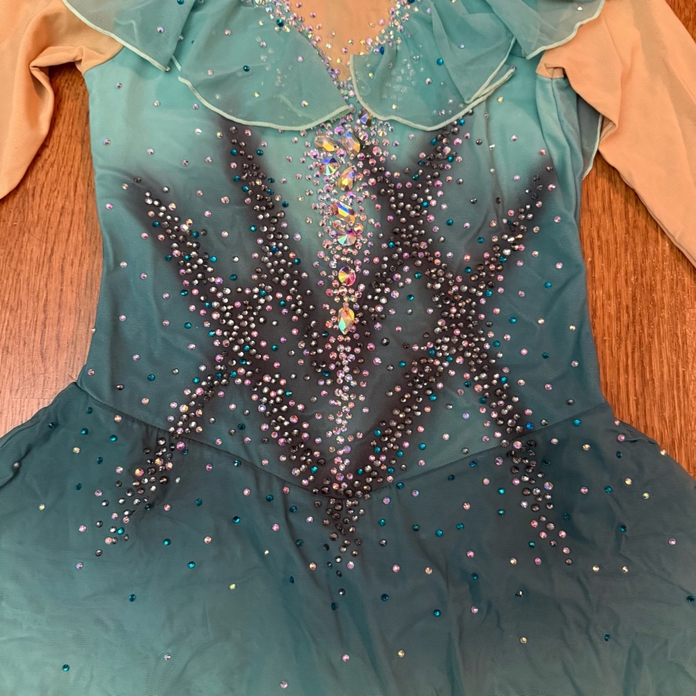 Figure Skating Customized Dress Teal Aqua Ombré Rhinestone Stoned Long Sleeve XS - Picture 4 of 17